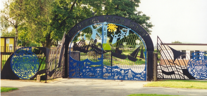 School gates in Ulverston, Cumbria, designed by Jill Randall, fabricated and installed by Luke Lister Blacksmiths